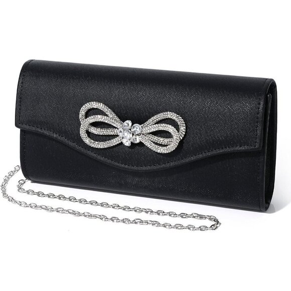 Women Black Shiny Crystal Bow Flap Clutch Wedding Party Handbag - Picture 1 of 9